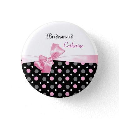 Black, pink, white polka dots Wedding Bridesmaid Pinback Button