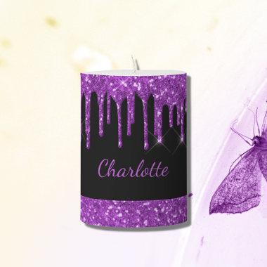 Black purple glitter drips custom monogram name pillar candle