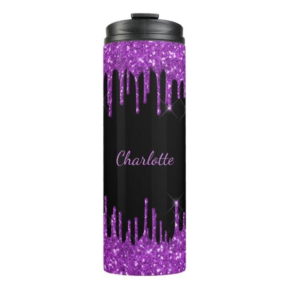 Black purple glitter drips custom monogram name thermal tumbler