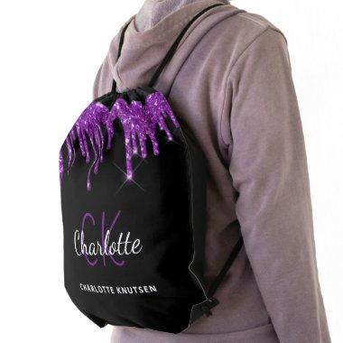 Black purple glitter drips monogram initials drawstring bag