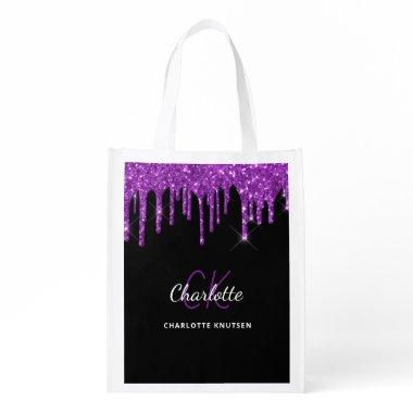 Black purple glitter drips monogram initials grocery bag