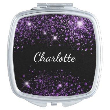 Black purple glitter dust monogram initials compact mirror