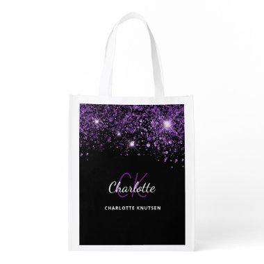 Black purple glitter dust monogram initials grocery bag