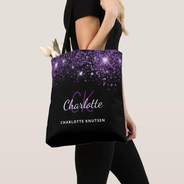 Black purple glitter dust monogram initials tote bag