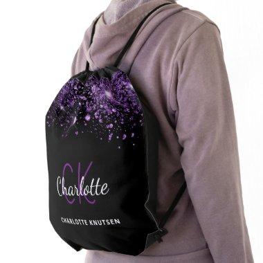 Black purple glitter monogram initials drawstring bag