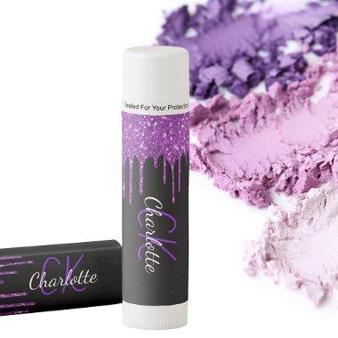 Black purple monogram glitter drips script luxury lip balm