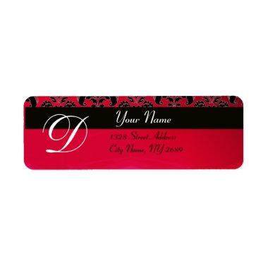 BLACK RED BURGUNDY DAMASK MONOGRAM LABEL