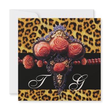 BLACK RED CORAL ROSES,LEOPARD SKIN MONOGRAM Invitations