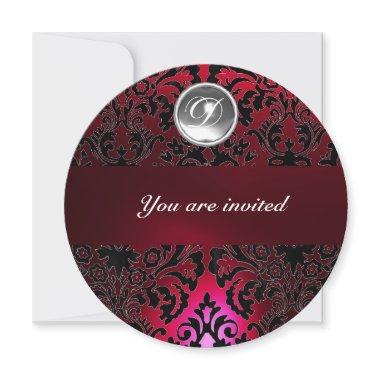 BLACK & RED DAMASK GEM STONE MONOGRAM burgundy Invitations