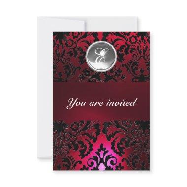 BLACK & RED DAMASK GEM STONE MONOGRAM burgundy Invitations