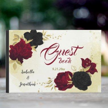 black red flowers gold leaves guest book