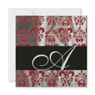 BLACK RED WHITE SILK DAMASK CLOTH MONOGRAM Silver Invitations