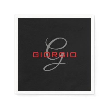 Black Red Your Name Initial Monogram Modern Napkins