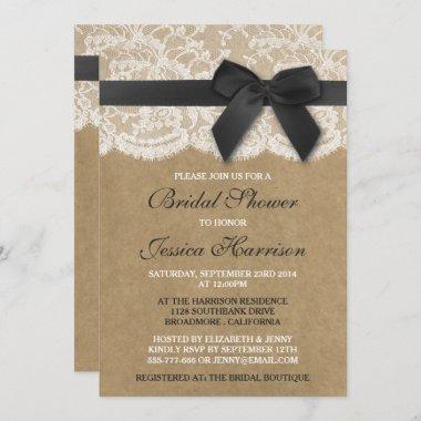 Black Ribbon On Kraft & Lace Bridal Shower Invitations