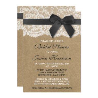 Black Ribbon On Kraft & Lace Bridal Shower Invitations