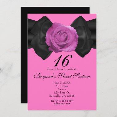 Black Ribbon & Pink Rose ANY COLOR Invitations