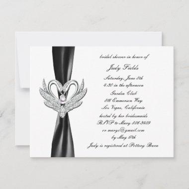 Black Ribbon Silver Swans Bridal Shower Invitations