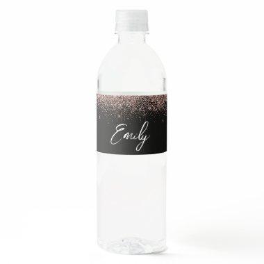 Black Rose Gold Blush Pink Glitter Monogram Water Bottle Label