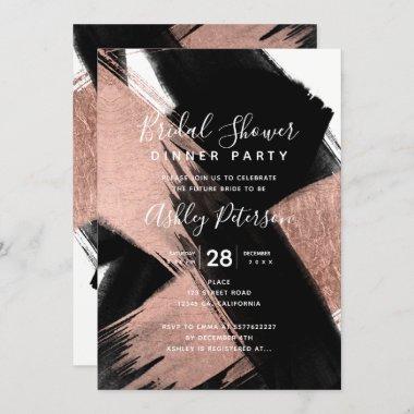 Black rose gold brushstrokes typography bridal Invitations