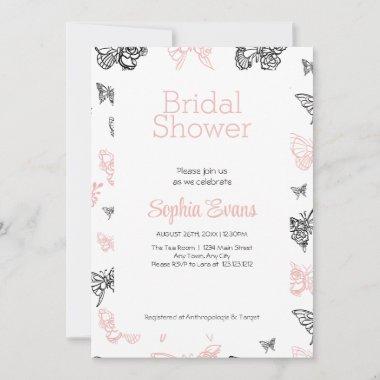 Black & Rose Gold Butterflies White Bridal Shower Invitations