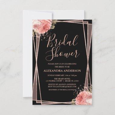 Black Rose Gold Floral Bridal Shower Invitations