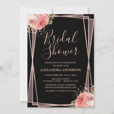 Black Rose Gold Floral Elegant Bridal Shower Invitations