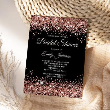 Black Rose Gold Glitter Fancy Script Bridal Shower Invitations
