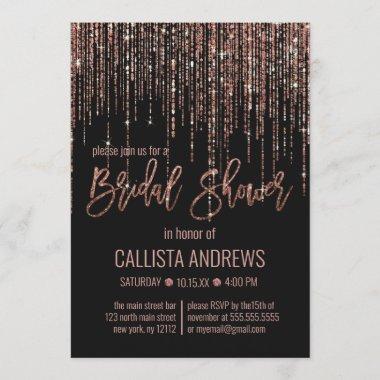 Black Rose Gold Glitter Fringe Bridal Shower Invitations