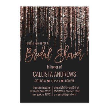 Black Rose Gold Glitter Fringe Bridal Shower Invitations