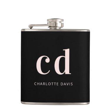 Black rose gold monogram initials name flask