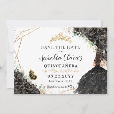 Black Roses Floral Gold Quinceanera Sweet Sixteen Save The Date