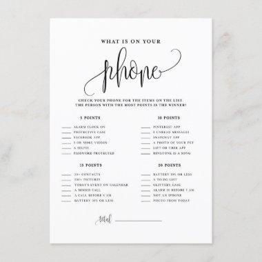 Black Script What's on Your Phone Shower Game Enclosure Invitations