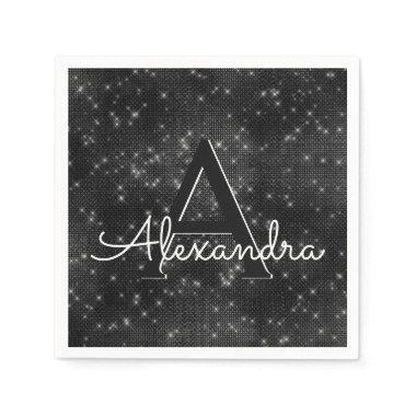Black Shimmer & Sparkle Monogram Birthday Paper Napkins