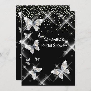 Black silver butterfly sparkle glitter bridal chic Invitations