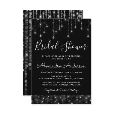 Black Silver Elegant String Lights Bridal Shower Invitations