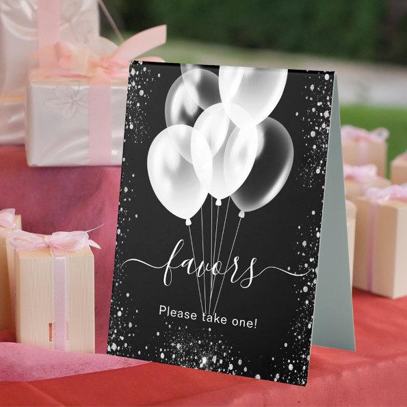 Black silver glitter balloons favors party table tent sign