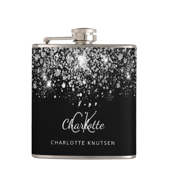 Black silver glitter best friends monogram flask