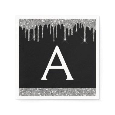 Black Silver Glitter Black Monogram Birthday Napkins
