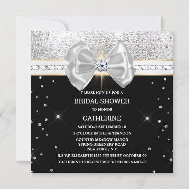 Black silver glitter bow shimmer sparkle elegant Invitations