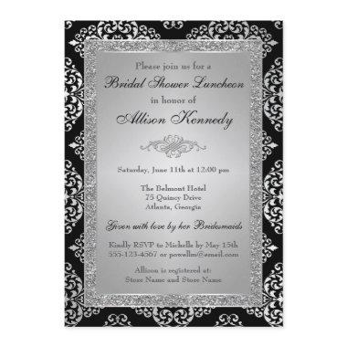 Black, Silver Glitter Damask  Invite