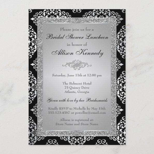 Black, Silver Glitter Damask Bridal Shower Invite