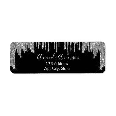 Black silver glitter drips chic return address label
