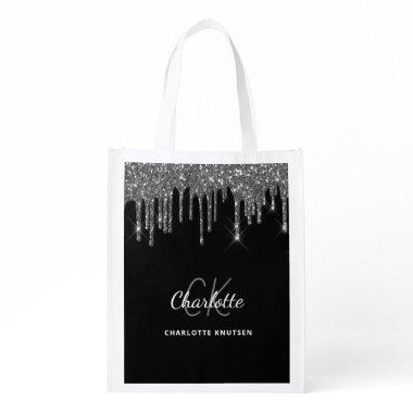 Black silver glitter drips monogram initials grocery bag