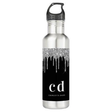 Black silver glitter drips monogram sparkle stainless steel water bottle