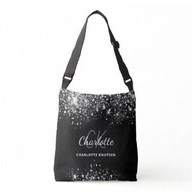 Black silver glitter dust monogram initials crossbody bag