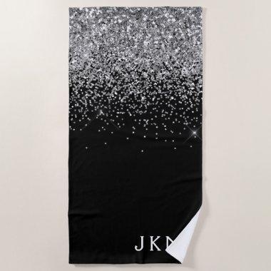 Black Silver Glitter Girly Monogram Name Beach Towel