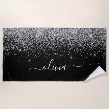 Black Silver Glitter Girly Monogram Name Beach Towel