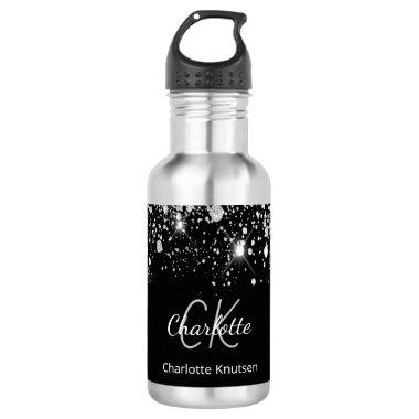 Black silver glitter monogram initials name stainless steel water bottle