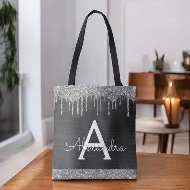 Black Silver Glitter Sparkle Elegant Monogram Tote Bag