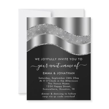 Black Silver Gray Border Glitter Wave QR Code